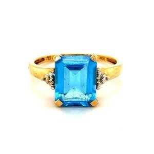 10k Gold Emerald Cut Blue Topaz/ Diamonds Ring